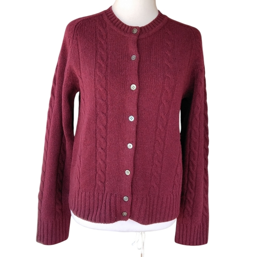 J. Crew Cable Knit 100% Lambswool Plum Button Front Cardigan Size Medium